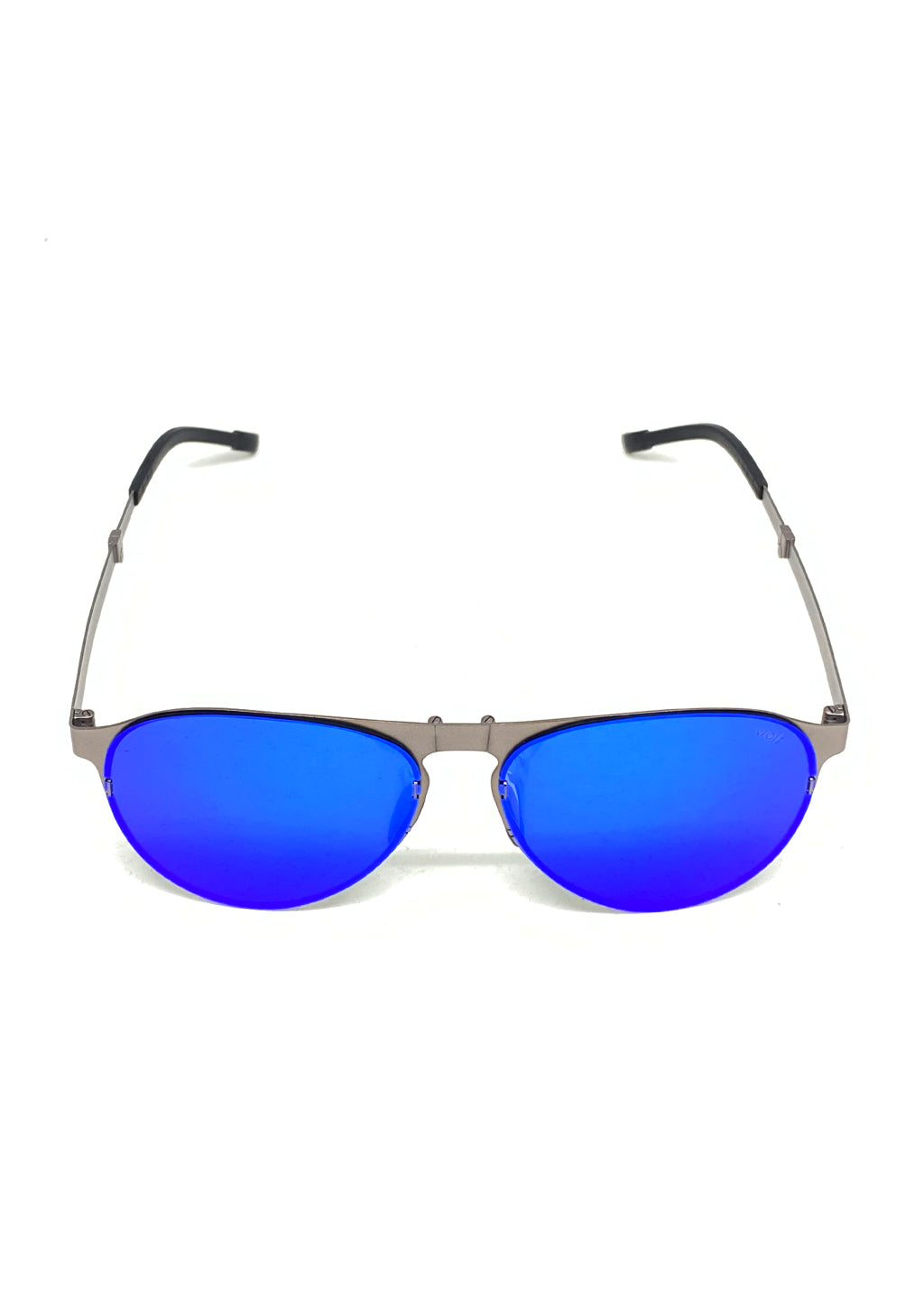 Foldable sunglasses - Scout classic aviator design - Front from above with blue lenses.